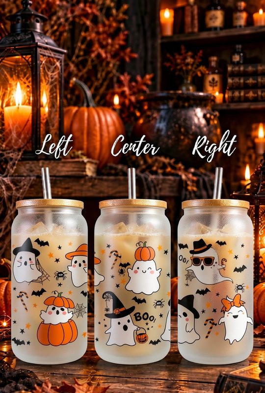 Ghosts Pumpkin Party 16oz frosted glass can with bamboo lid and straw by candlelit fireplace