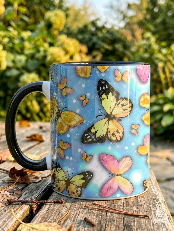 Glittering Monarch and butterfly blooms ceramic mug on outdoor wooden garden table