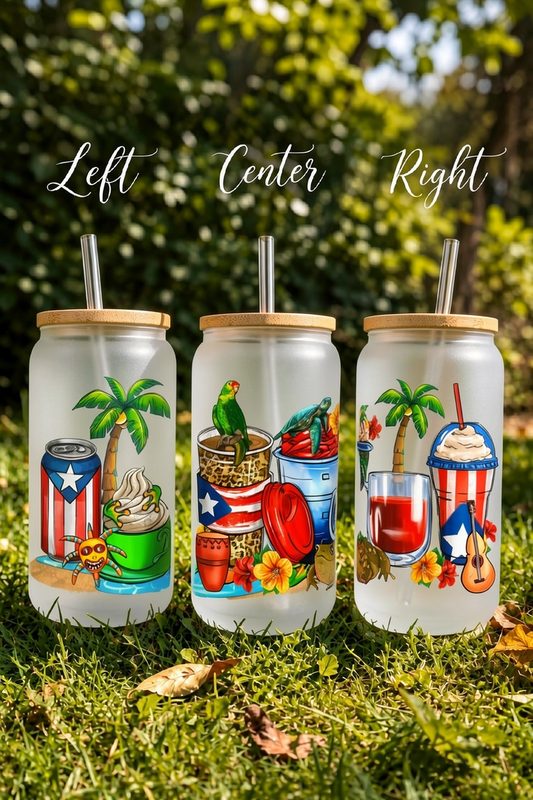 Vibrant Summer Puerto Rico 16oz glass can with bamboo lid in tropical sunlight