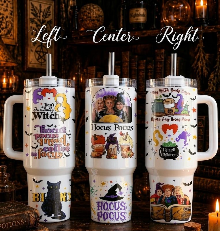 Hocus Pocus Coffee & Focus 40oz handled stainless steel tumbler in cozy apothecary setting