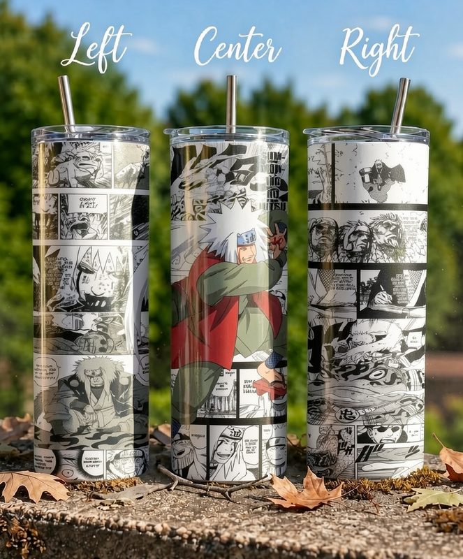 Jiraiyas No Jutsu 20oz Stainless Steel Tumbler outdoors on autumn moss stone