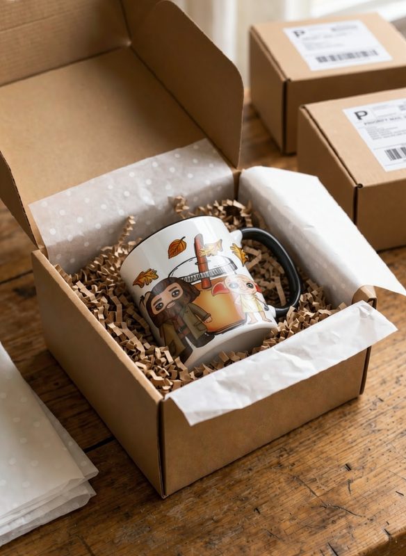 Harry Potter Pumpkin Spice Potion mug inside HappyCraftsy kraft gift unboxing box